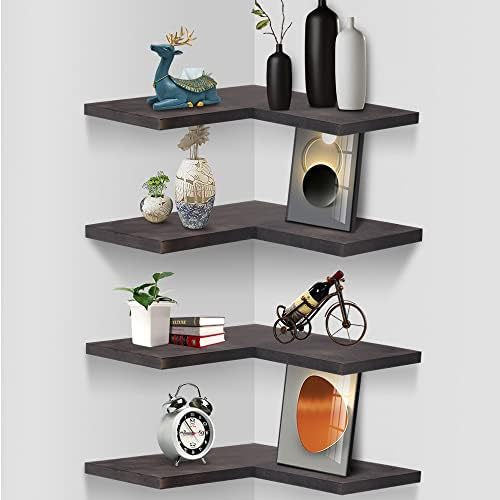 Natural Wood Set of 4 Floating Corner Shelves L-Shaped Wall Mount