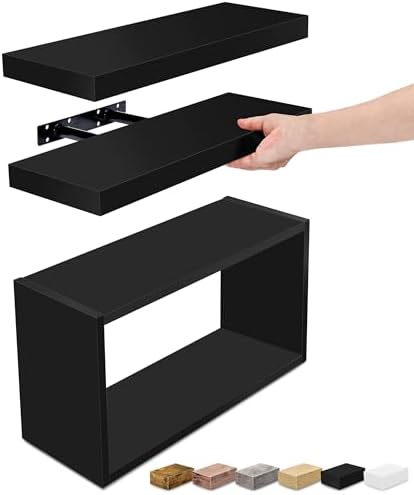 Sorbus Floating Wall Shelf Set - 2 Shelves with Invisible Brackets and 1 Rectangular Box Black