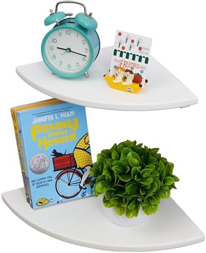 White Corner Shelf Wall Mount Set of 2 Natural Oak Wood Floating Nightstand Plant Shelf for Bedroom Kitchen Living Room