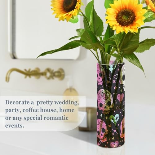 Cute Halloween Floral Skull Heart Pink Plastic Cylinder Vase