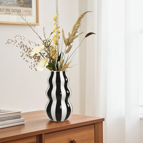Black and White Ceramic Vase 866 in Tall Modern Striped Centerpiece