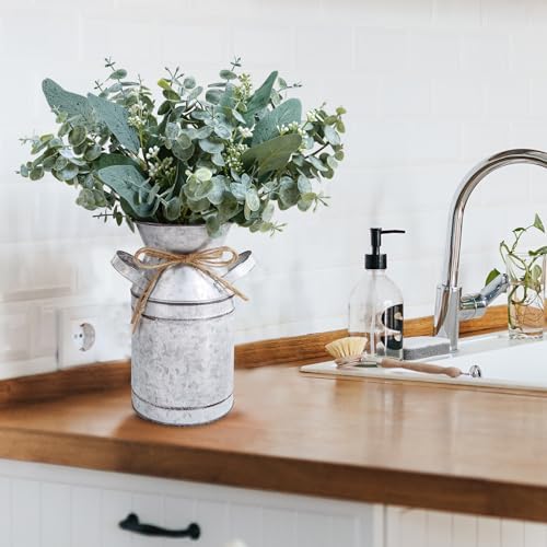 Winlyn Rustic Metal Milk Can Vase with Artificial Eucalyptus Stems