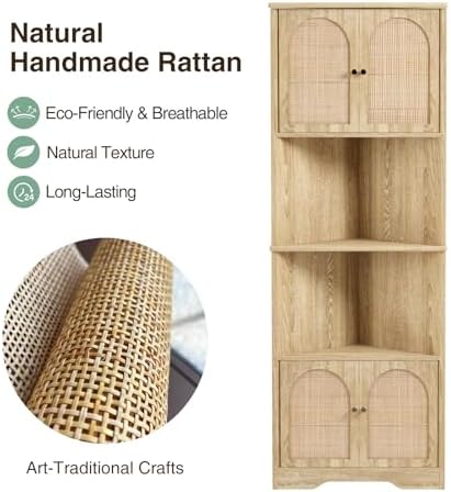 67 Inch Tall Corner Cabinet with Handmade Rattan Door