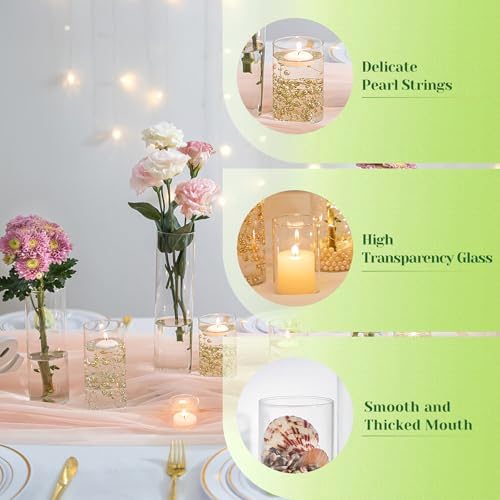 Hewory Clear Glass Cylinder Vases Set of 12 with Pearl String for Centerpieces