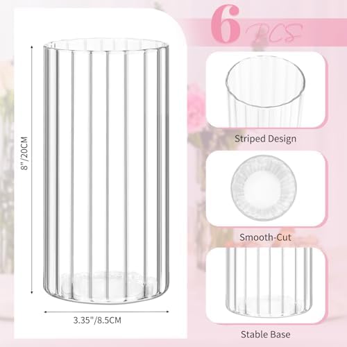 6 Pcs Clear Glass Cylinder Vases Set 8 Inch Tall for Centerpieces and Decorations