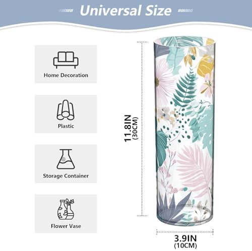 Tropical Leaves and Flowers Plastic Cylinder Vase 118 Inch Tall Clear Vase for Home Office Fireplace Decor