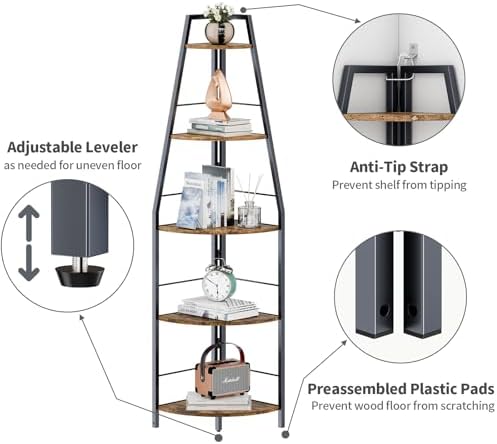 Rustic Tall Corner Ladder Shelf 5 Tier Industrial Bookshelf