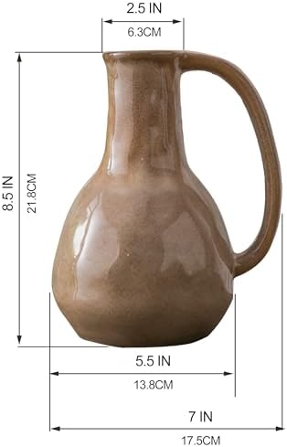 Brown Ceramic Vase with Big Handle Rustic Farmhouse Decor
