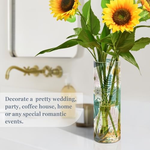 Tropical Leaves and Flowers Plastic Cylinder Vase 118 Inch Tall Clear Vase for Home Office Fireplace Decor