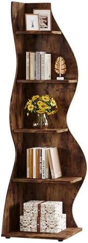 Tribesigns Wavy Corner Shelf 5-Tier Bookcase with Curvy Design for Modern Living Room