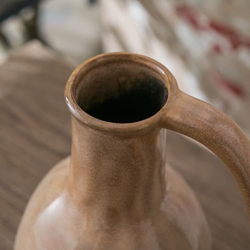 Brown Ceramic Vase with Big Handle Rustic Farmhouse Decor