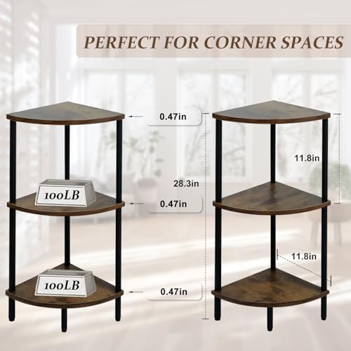 3 Tier Corner Shelf Stand 28 Inch Rustic Industrial Bookshelf for Small Spaces