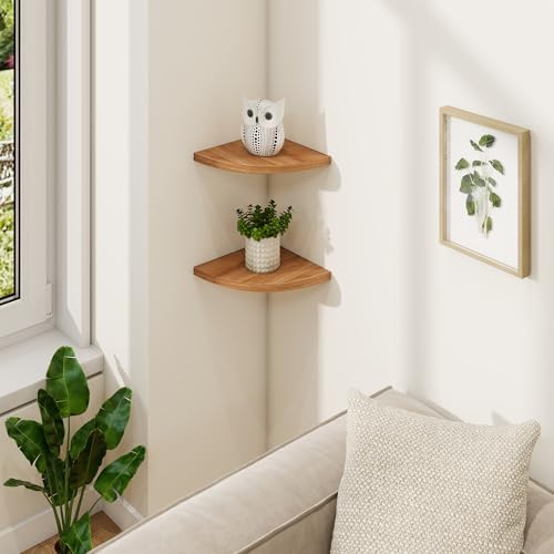 Fun Memories Corner Shelf Wall Mount Solid Oak Wood Floating Shelves with Cable Hole 7in Rustic Design for Home