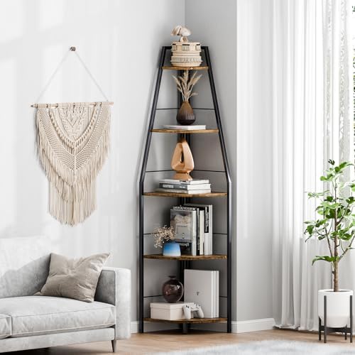 Rustic Tall Corner Ladder Shelf 5 Tier Industrial Bookshelf