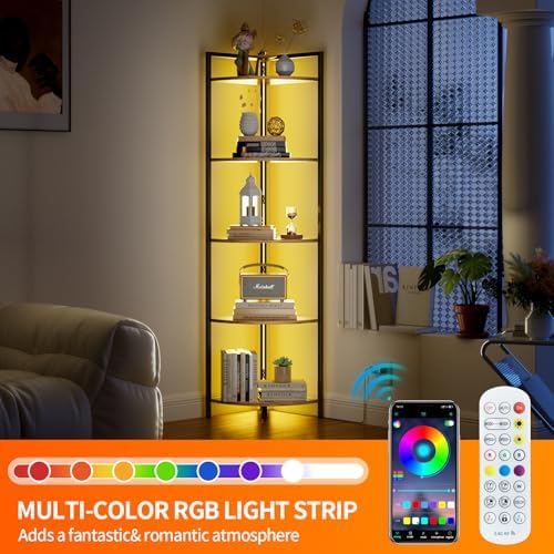 Rustic Brown Corner Shelf with LED Lighting