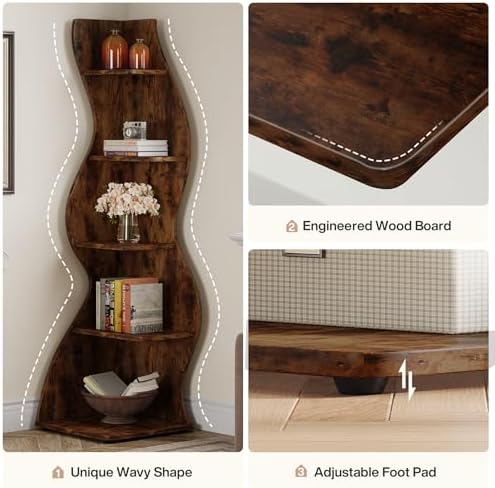 Tribesigns Wavy Corner Shelf 5-Tier Bookcase with Curvy Design for Modern Living Room