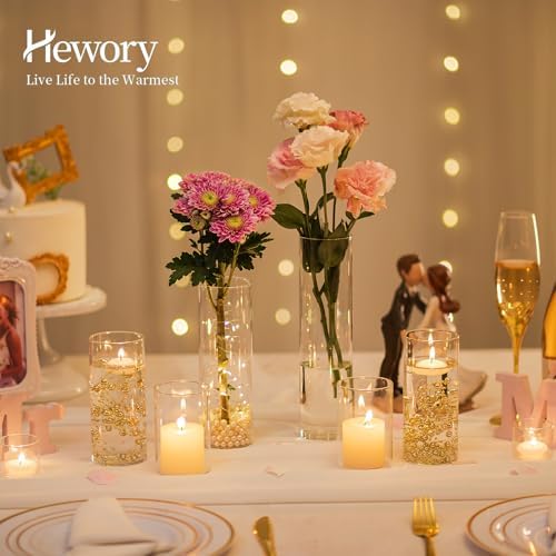 Hewory Clear Glass Cylinder Vases Set of 12 with Pearl String for Centerpieces