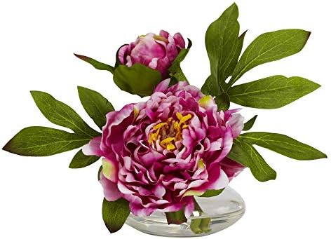 Nearly Natural Peony with Glass Vase Set of 3 1