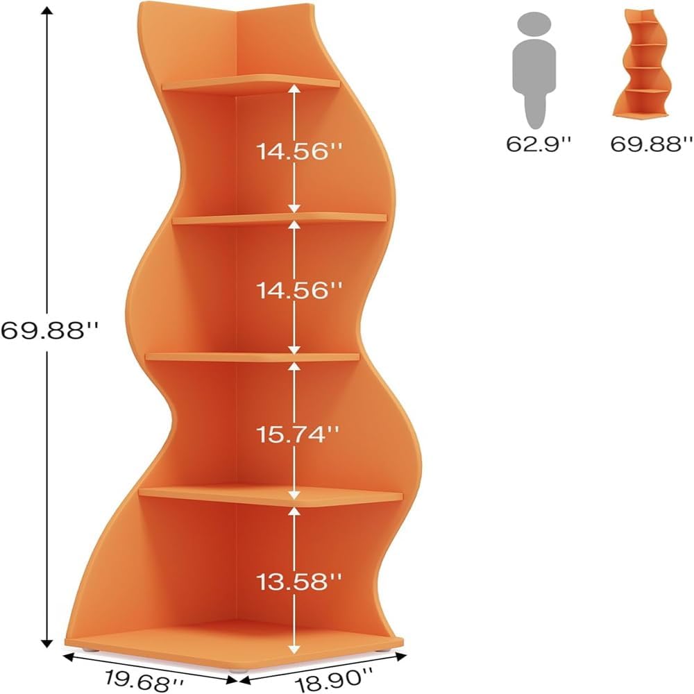 5-Tier Corner Bookshelf Modern Wave Shape Display Unit Orange