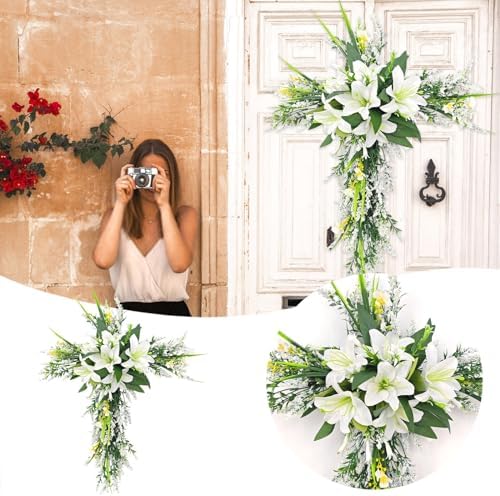 20 Inch Cross Wreath Artificial Lily Purple Easter Decor