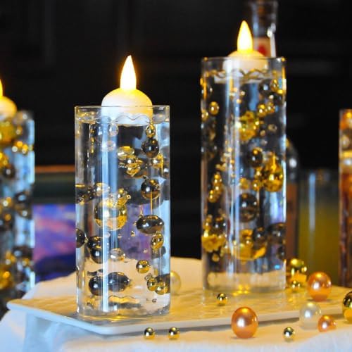 6 Set Glass Cylinder Vases with Floating Candles and Water Filler Beads