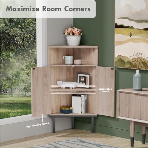 Yechen Corner Storage Cabinet with Adjustable Shelves and Rattan Doors