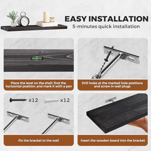 Floating Wall Shelves 3-Pack - 24 Inch Rustic Black Wooden Shelves for Space Saving Storage and Dcor