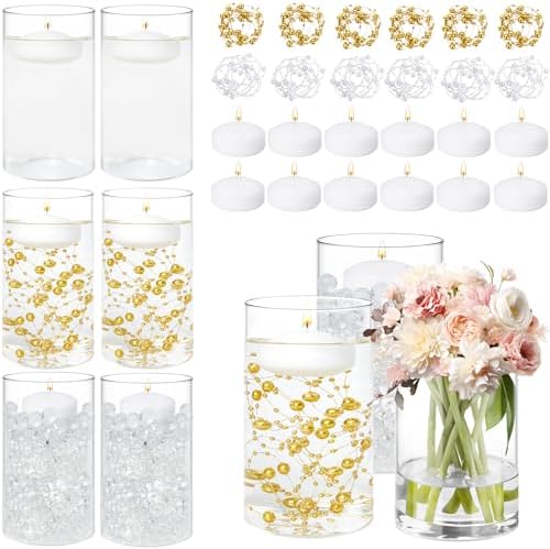 12 Pack White Floating Candles with Glass Cylinder Vases for Centerpieces
