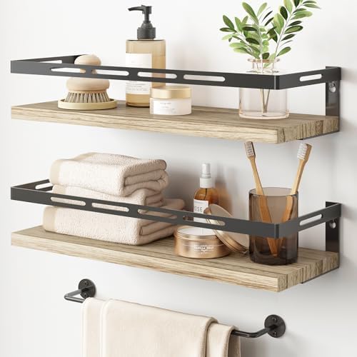 YGEOMER Floating Shelves Bathroom Organizer Over Toilet Wall Mount Rustic Brown Black
