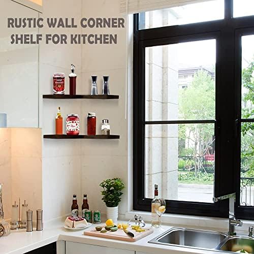 Natural Wood Set of 4 Floating Corner Shelves L-Shaped Wall Mount