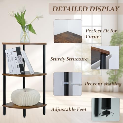 3 Tier Corner Shelf Stand 28 Inch Rustic Industrial Bookshelf for Small Spaces