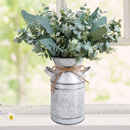 Winlyn Rustic Metal Milk Can Vase with Artificial Eucalyptus Stems