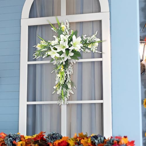 20 Inch Cross Wreath Artificial Lily Purple Easter Decor