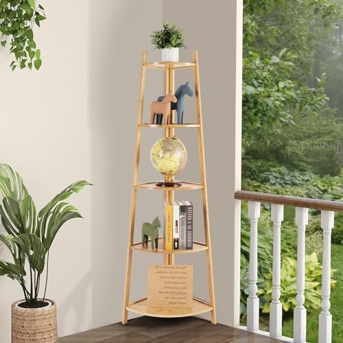 OUTREE Bamboo Corner Shelf 5 Tier Bookshelf Stand for Living Room Bedroom Office Bathroom