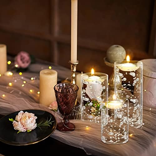 Hoolerry 9 Piece Clear Glass Cylinder Vases with Floating Candles and Pearl Strings for Wedding Table Decor