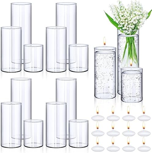 Jinei 12 Pack Glass Cylinder Vases with Floating Candles Set
