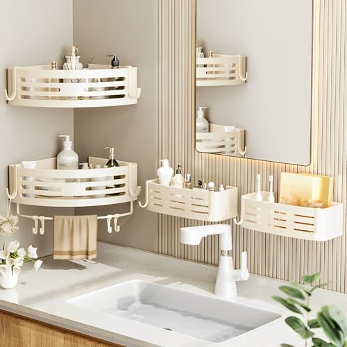 Corner Triangle Shower Shelves with Hooks Rust Resistant Storage Shelf for Bathroom and Kitchen Creamy White