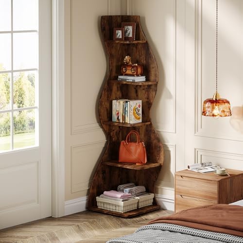 Tribesigns Wavy Corner Shelf 5-Tier Bookcase with Curvy Design for Modern Living Room
