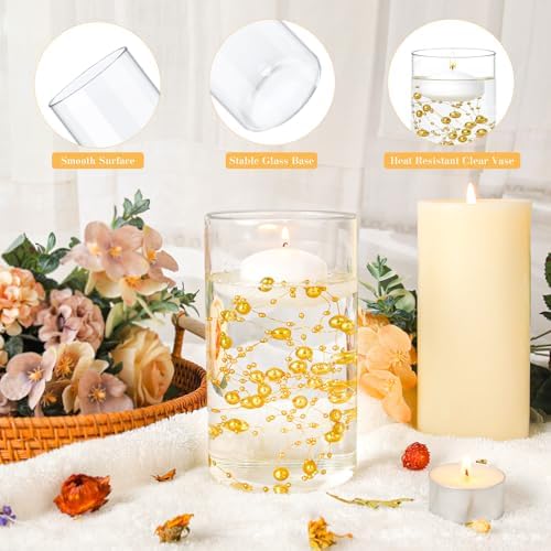 12 Pack White Floating Candles with Glass Cylinder Vases for Centerpieces