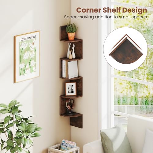 Giantex 5-Tier Floating Corner Bookshelf Wall Mounted Storage Organizer Rustic Brown