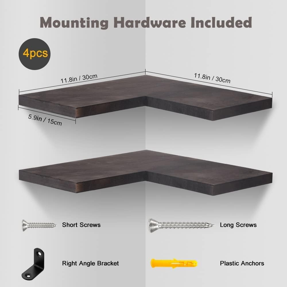Natural Wood Set of 4 Floating Corner Shelves L-Shaped Wall Mount