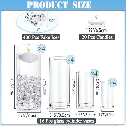 20 White Floating Candles and 16 Glass Vases Centerpiece Set