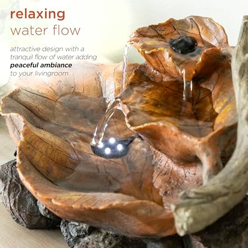 Alpine Corporation 9 Tall Indoor Tabletop Tiered Leaf Hand-Painted Fountain with LED Lights