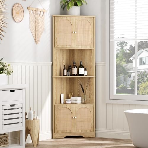 67 Inch Tall Corner Cabinet with Handmade Rattan Door