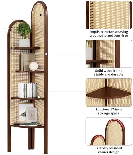 4 Tier Corner Shelf Stand Solid Wood Boho Rattan Shelves with Wicker Weave for Bedroom Living Room