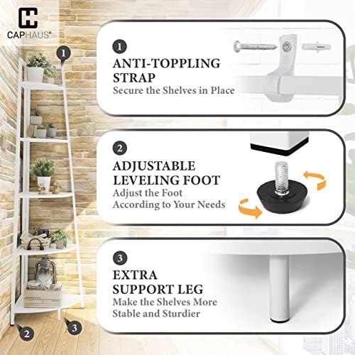 CAPHAUS 6-Tier Corner Shelf Stand Tall White Bookcase with Metal Frame