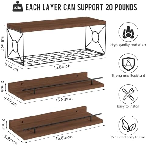 Floating Shelf Set of 3 for Wall Dcor Brown