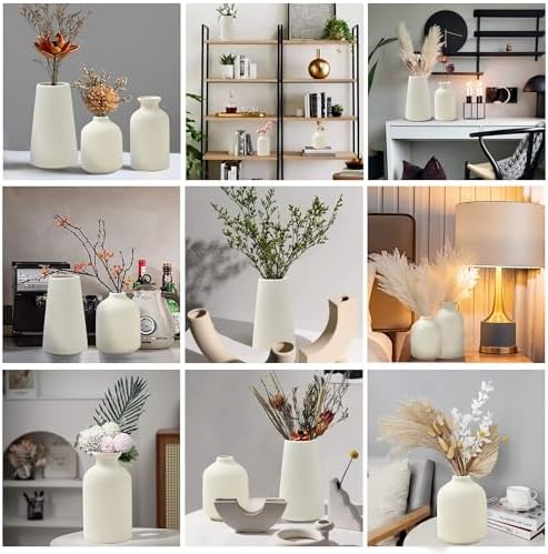 Set of 3 Beige Ceramic Vases for Pampas Grass and Dried Flowers