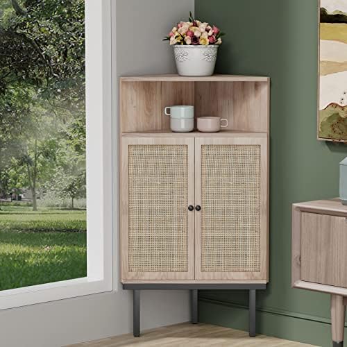 Yechen Corner Storage Cabinet with Adjustable Shelves and Rattan Doors