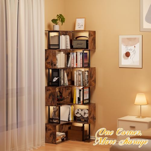 7 Tier Corner Bookshelf - Brown Tall Industrial Design